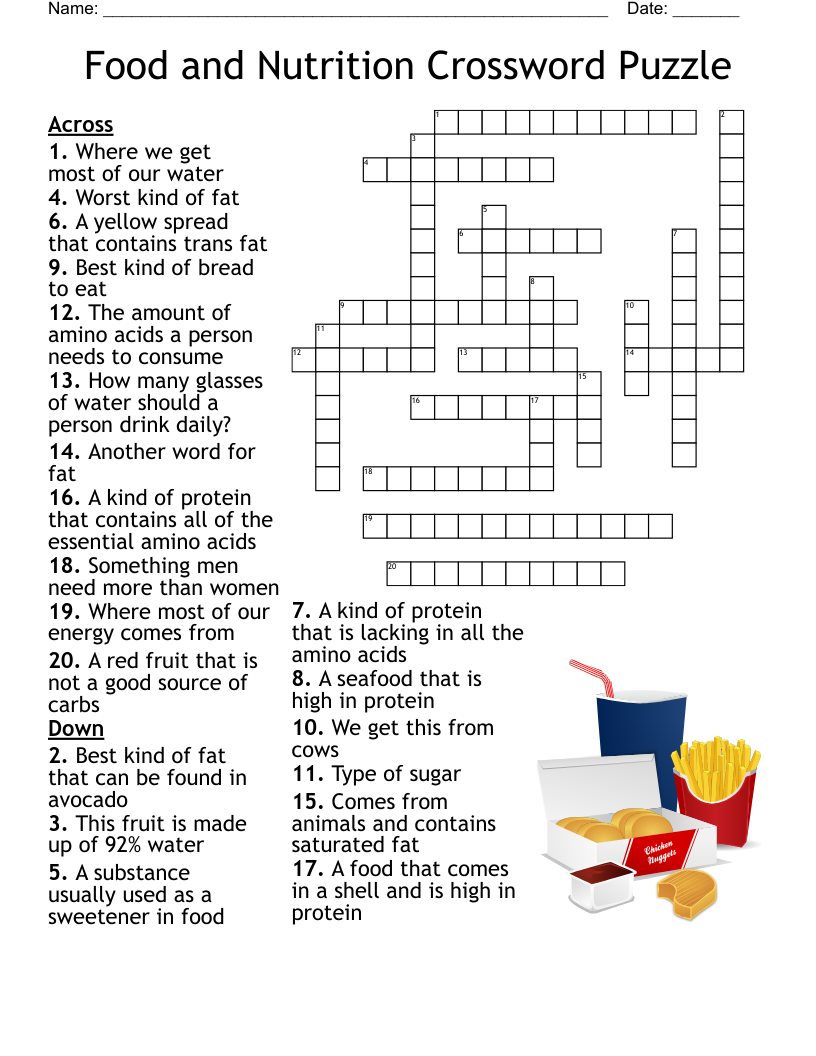 Food And Nutrition Crossword Puzzle WordMint