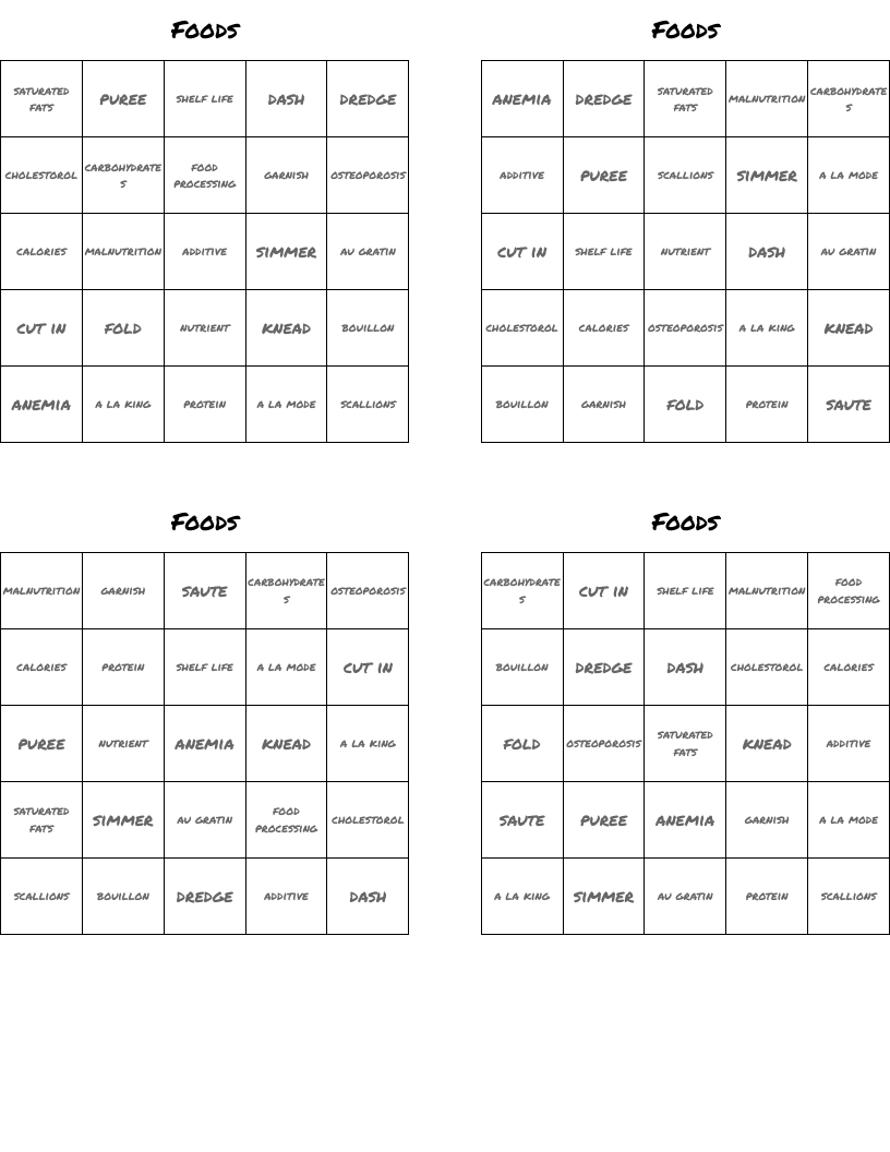 Foods Bingo Cards