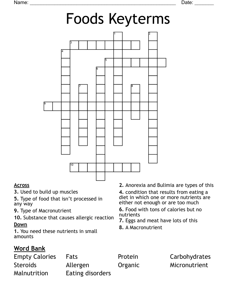 Foods Keyterms Crossword