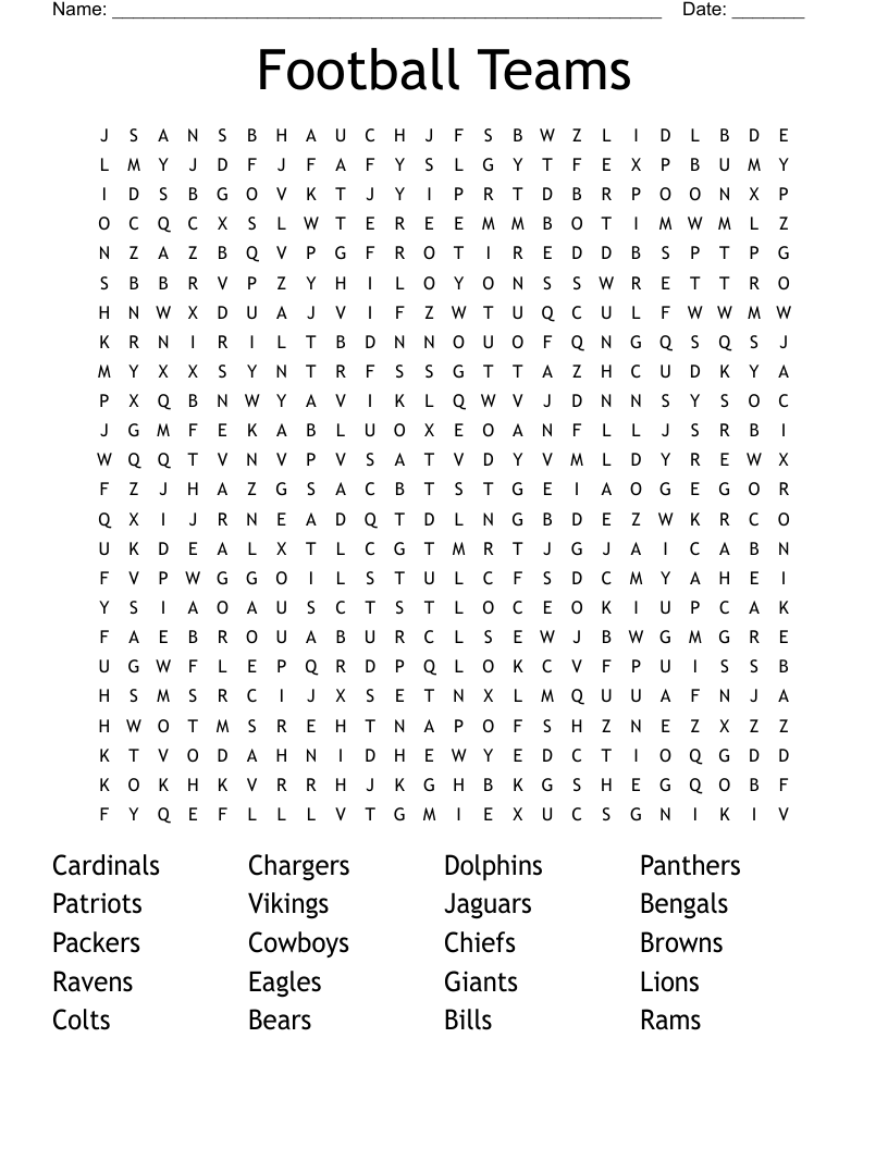 Football Teams Word Search