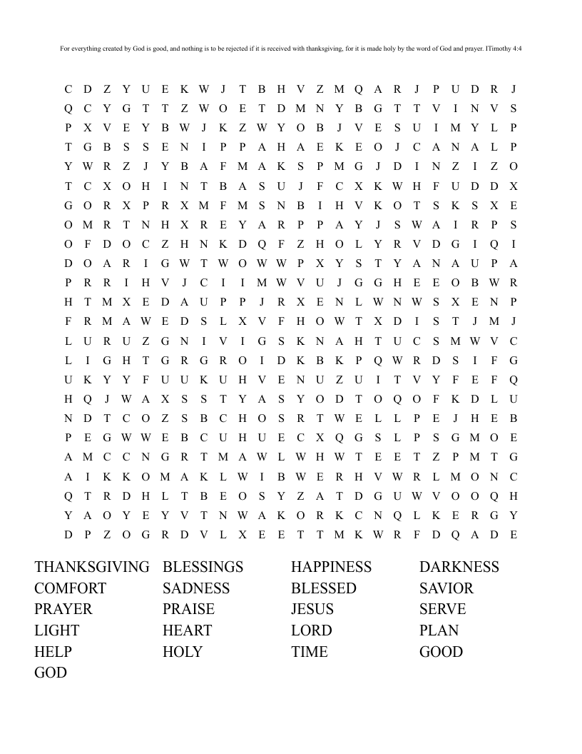 For everything created by God is good, and nothing is to be rejected if it is received with thanksgiving, for it is made holy by the word of God and prayer. ITimothy 4:4 Word Search