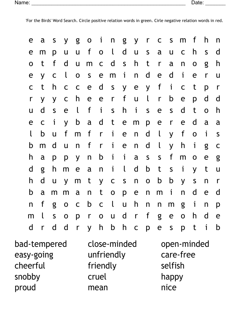 'For the Birds' Word Search. Circle positive relation words in green. Cirle negative relation words in red.
