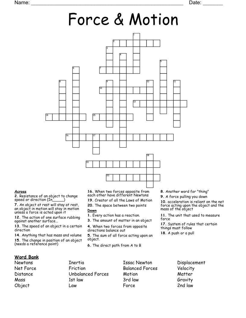 Force &amp; Motion Crossword - WordMint
