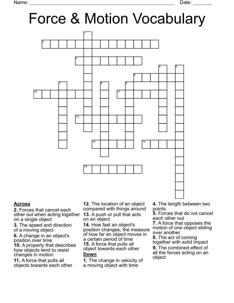 Force Motion Vocabulary Crossword WordMint