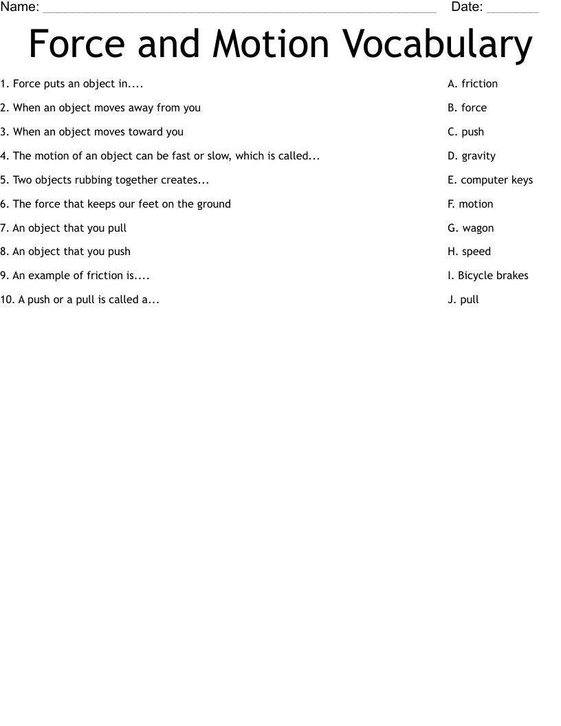 Force and Motion Vocabulary Worksheet - WordMint
