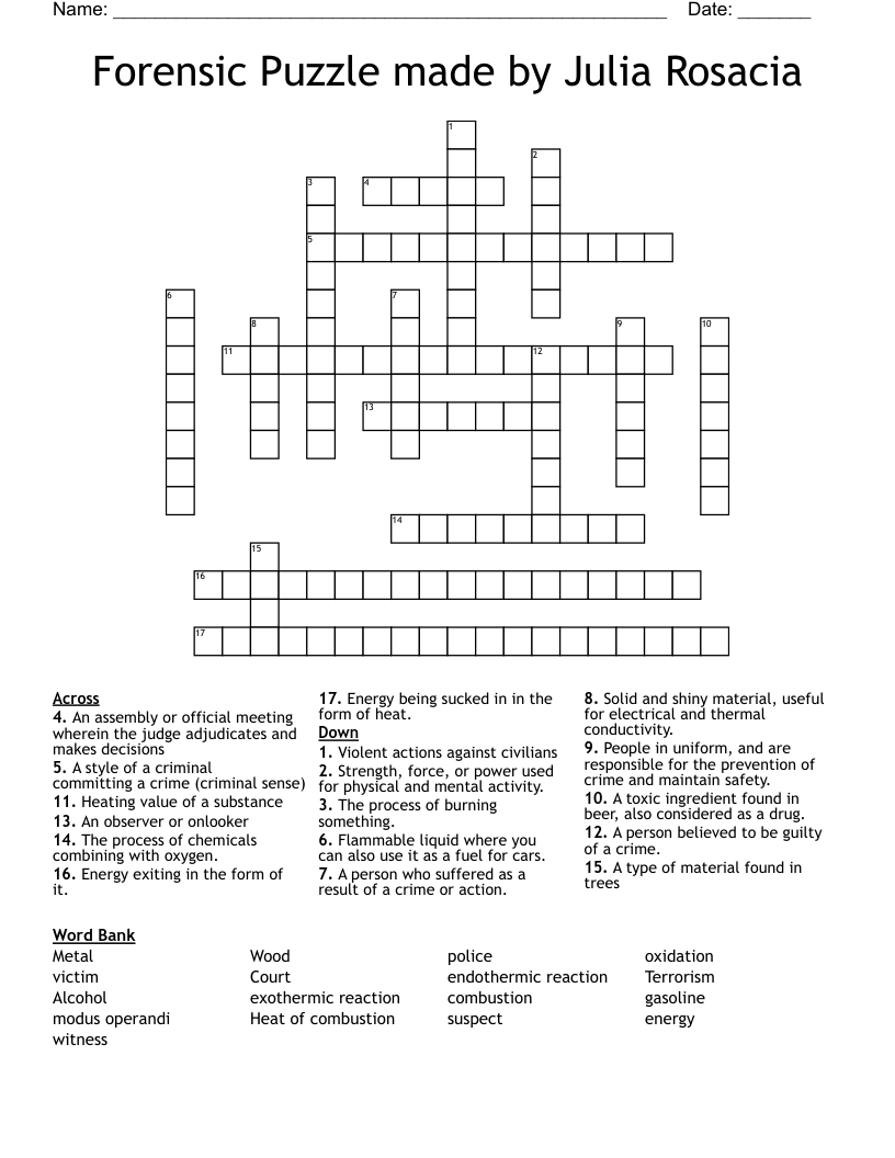 Forensic Puzzle made by Julia Rosacia Crossword