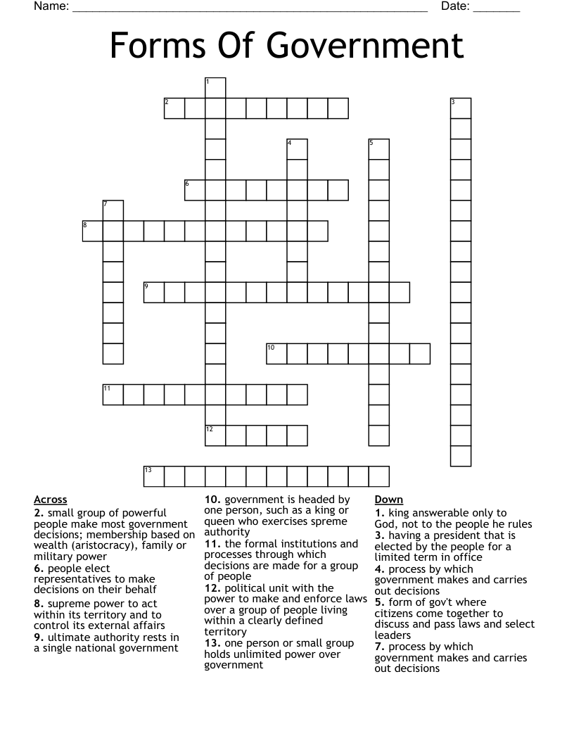 Civics Unit 7 Vocab Crossword - WordMint