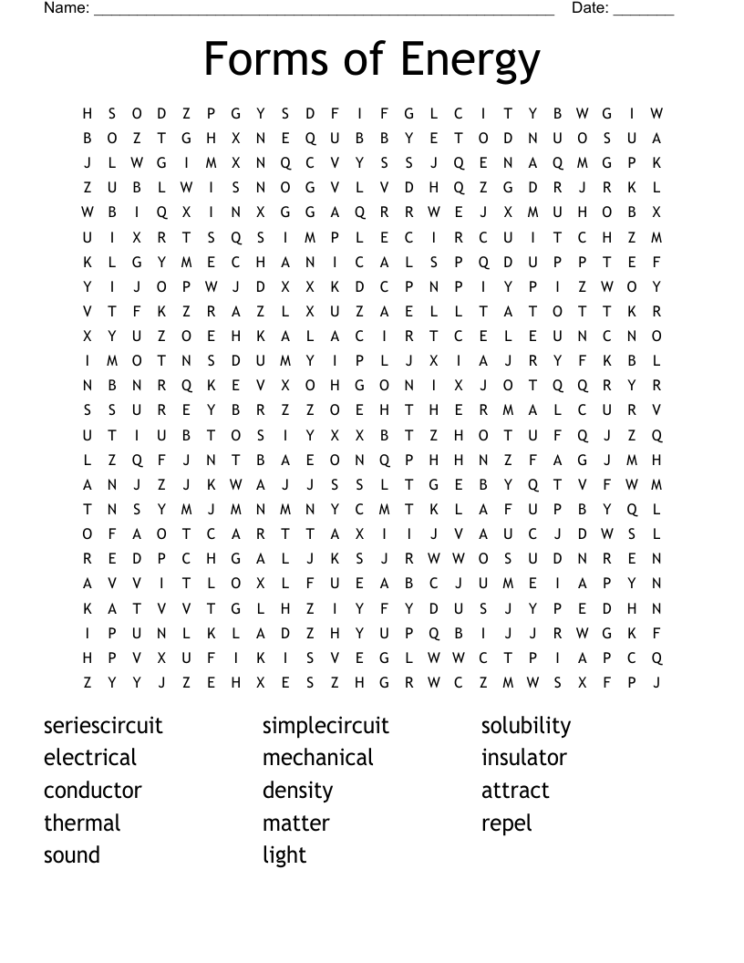 Forms of Energy Word Search