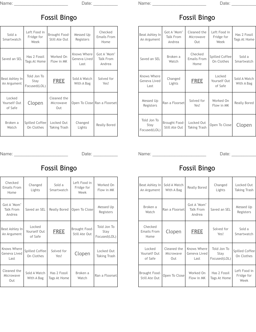 Fossil Bingo