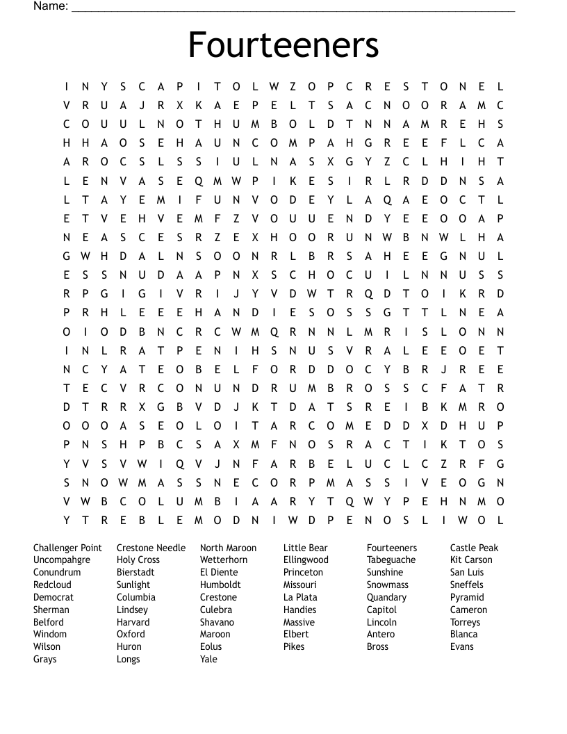 Fourteeners Word Search