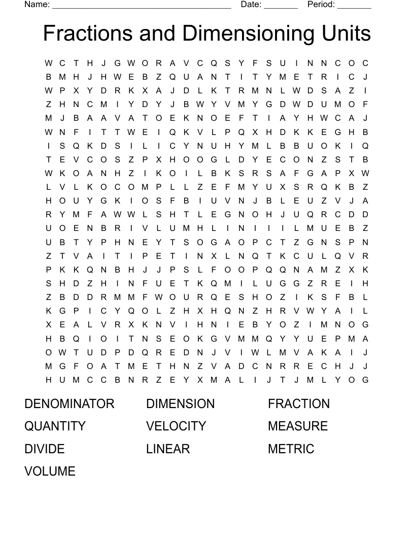 Fractions and Dimensioning Units Word Search