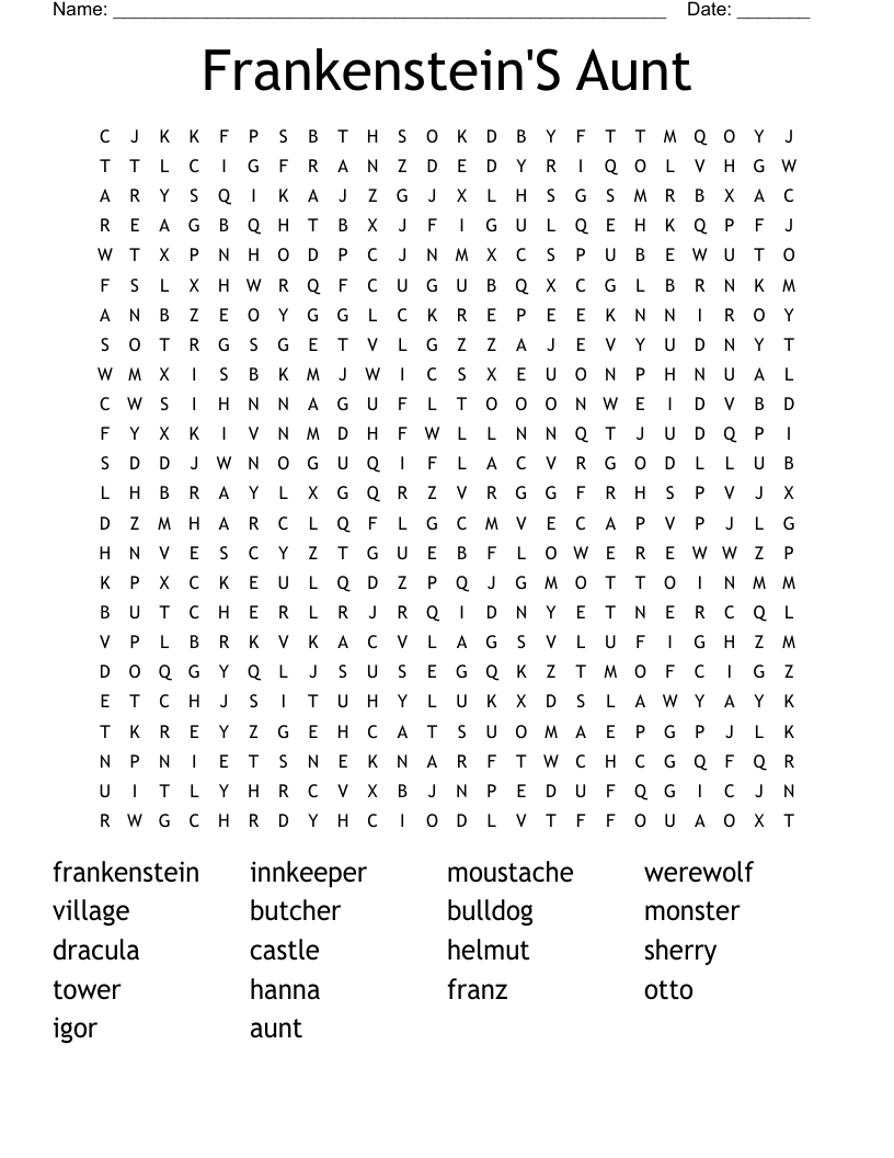 Frankenstein'S Aunt Word Search