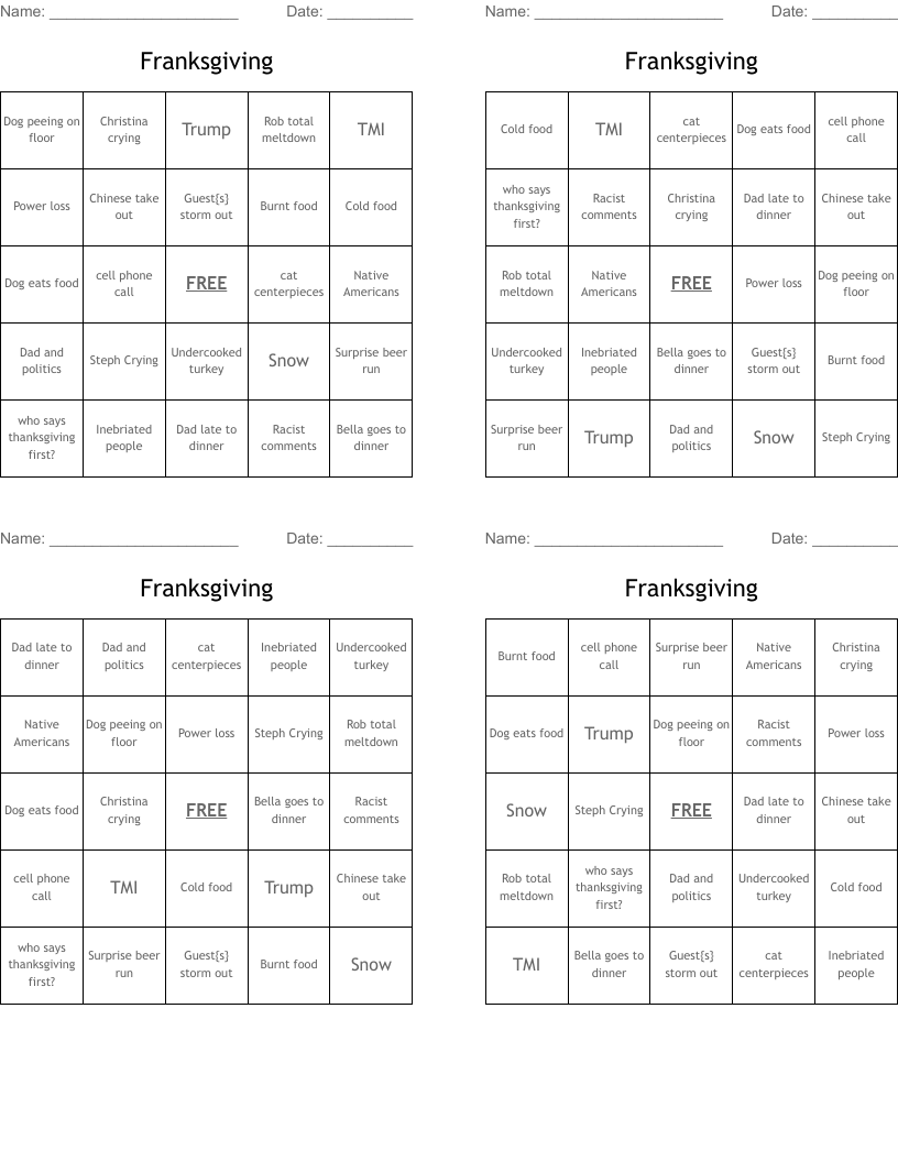 Franksgiving Bingo Cards