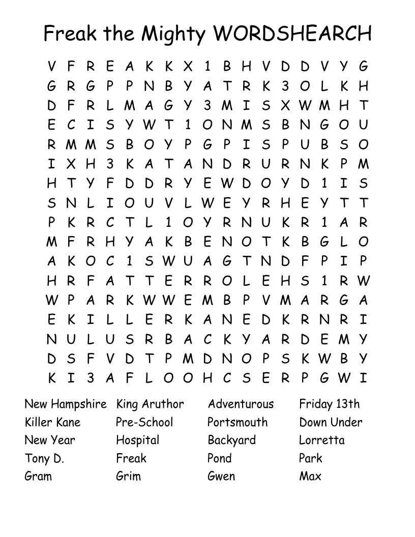 Freak the Mighty WORDSHEARCH Word Search