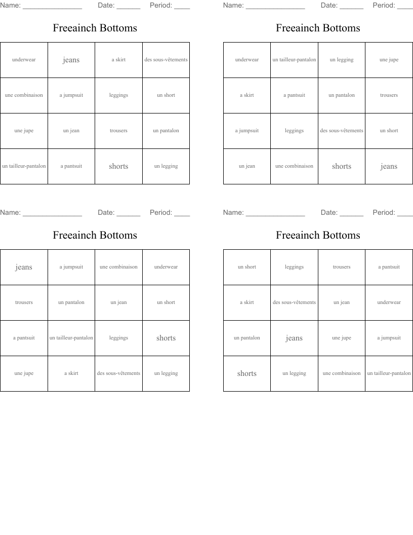 Freeainch Bottoms Bingo Cards