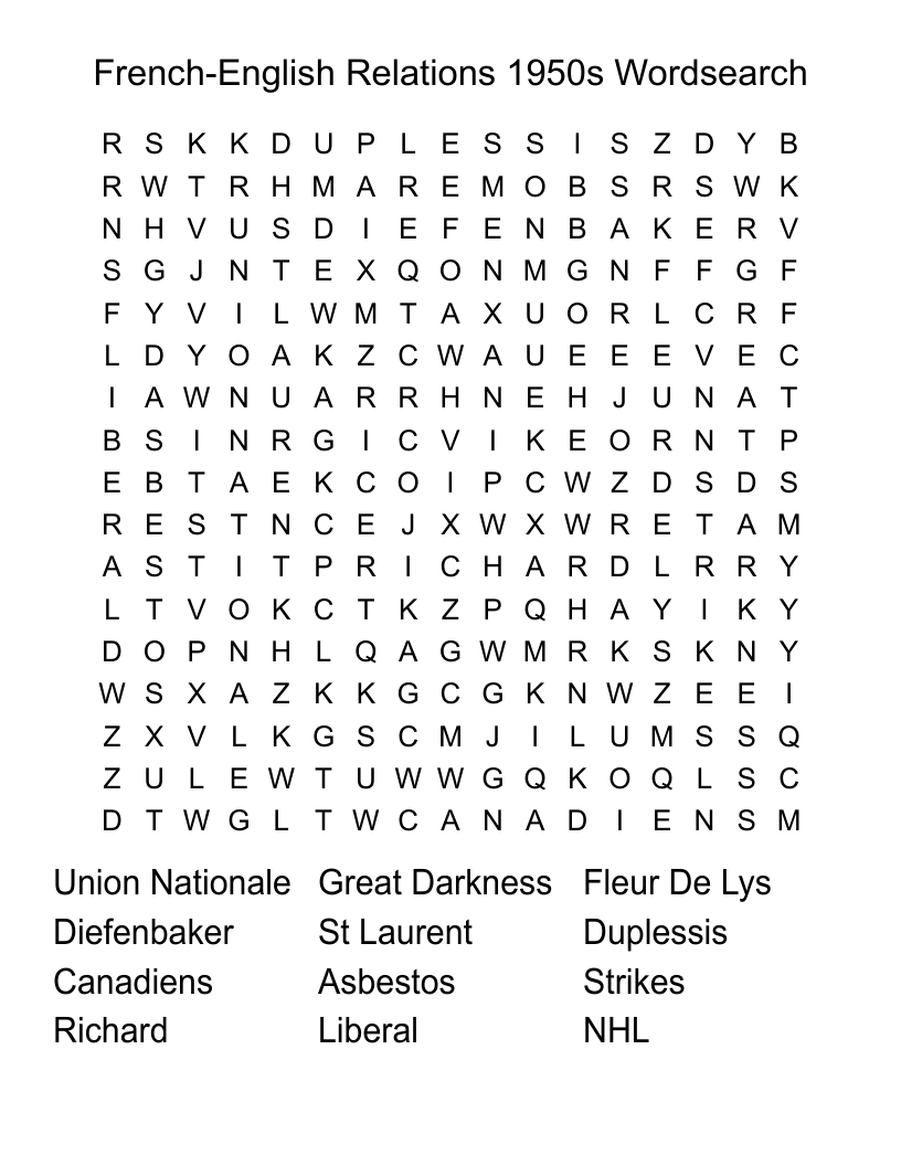French-English Relations 1950s Wordsearch
