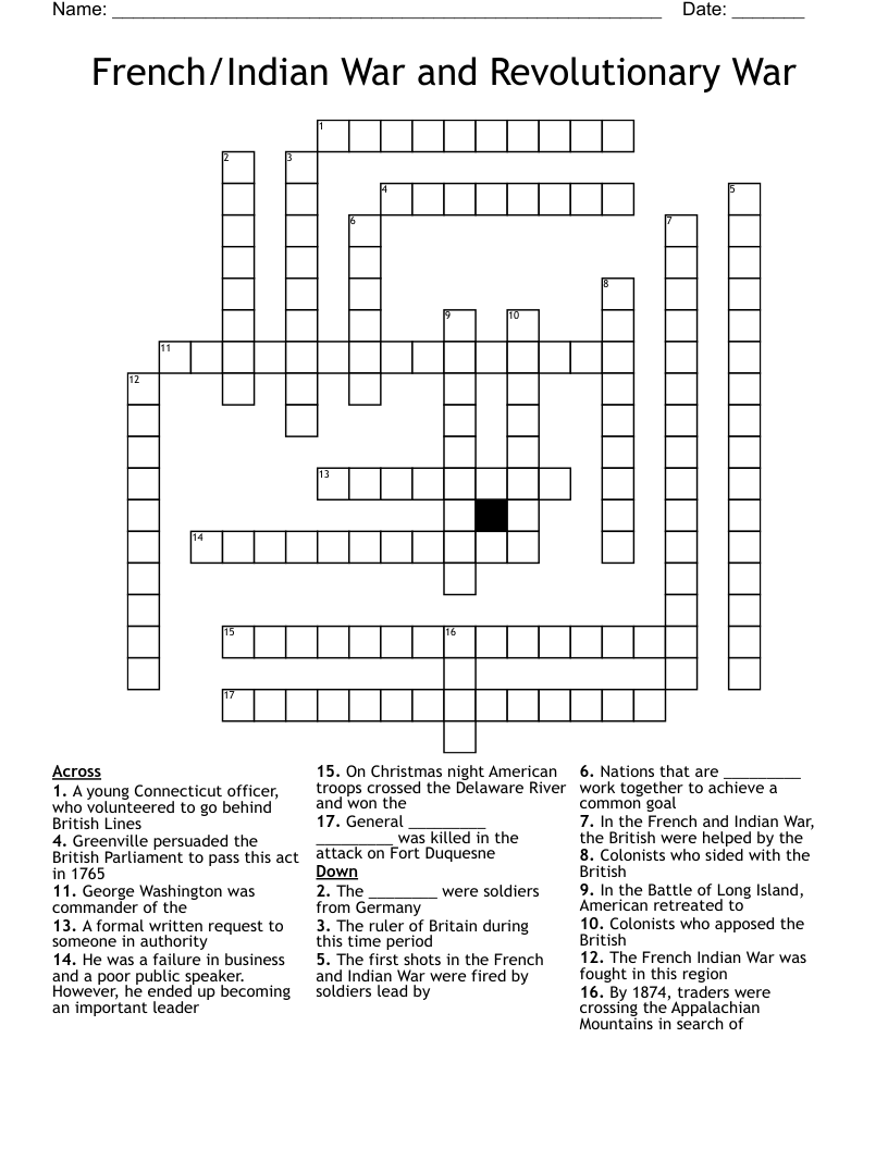 French Indian War And Revolutionary War Crossword WordMint