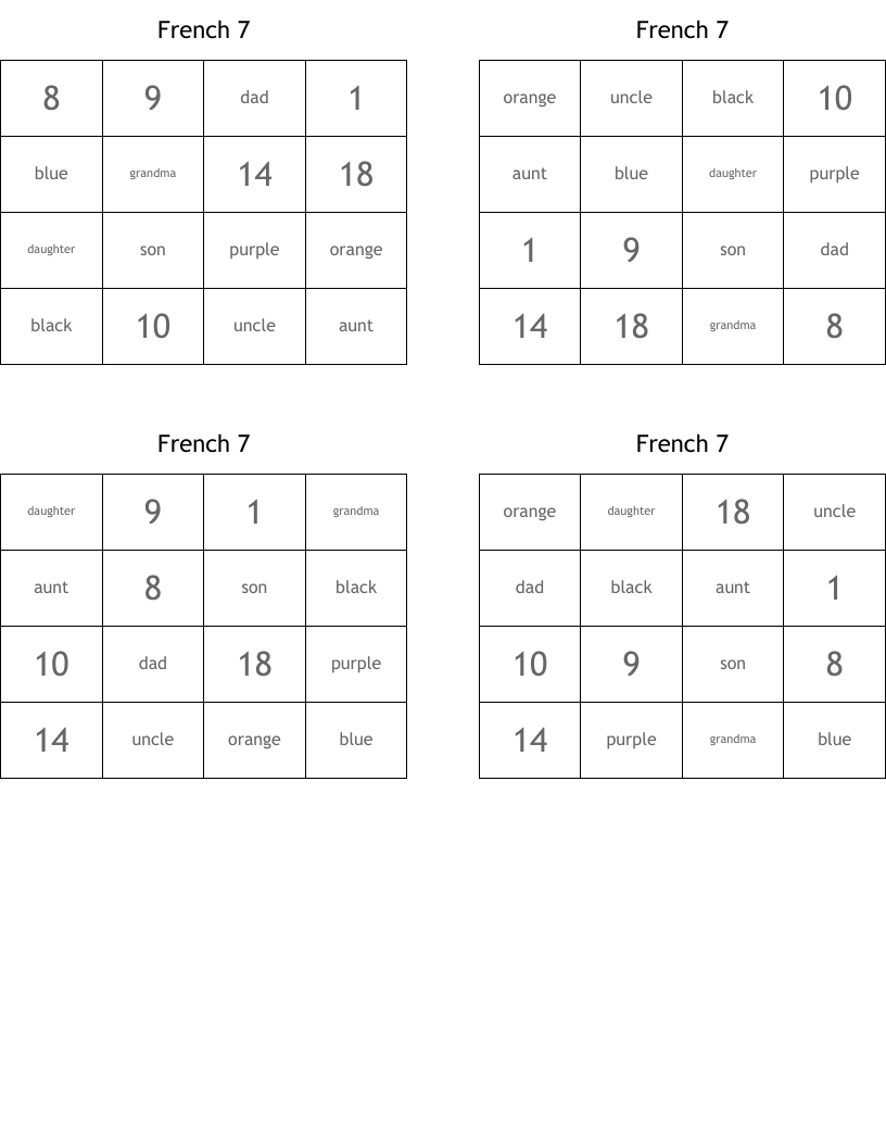 French 7 Bingo Cards