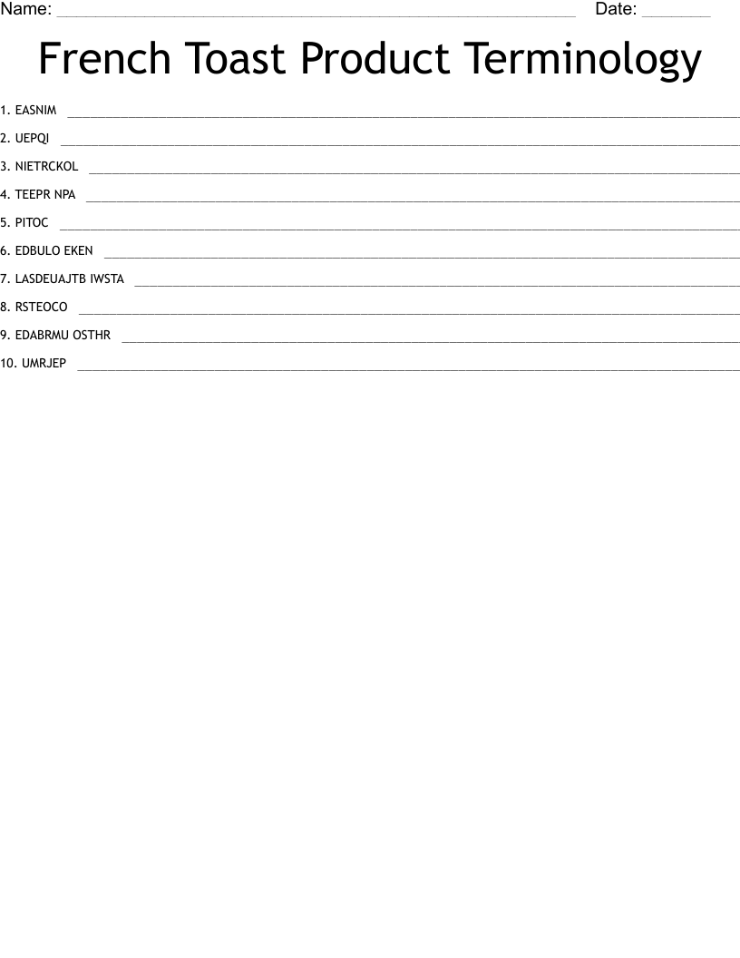 French Toast Product Terminology Word Scramble WordMint