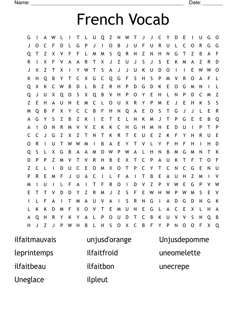 French Vocab Word Search