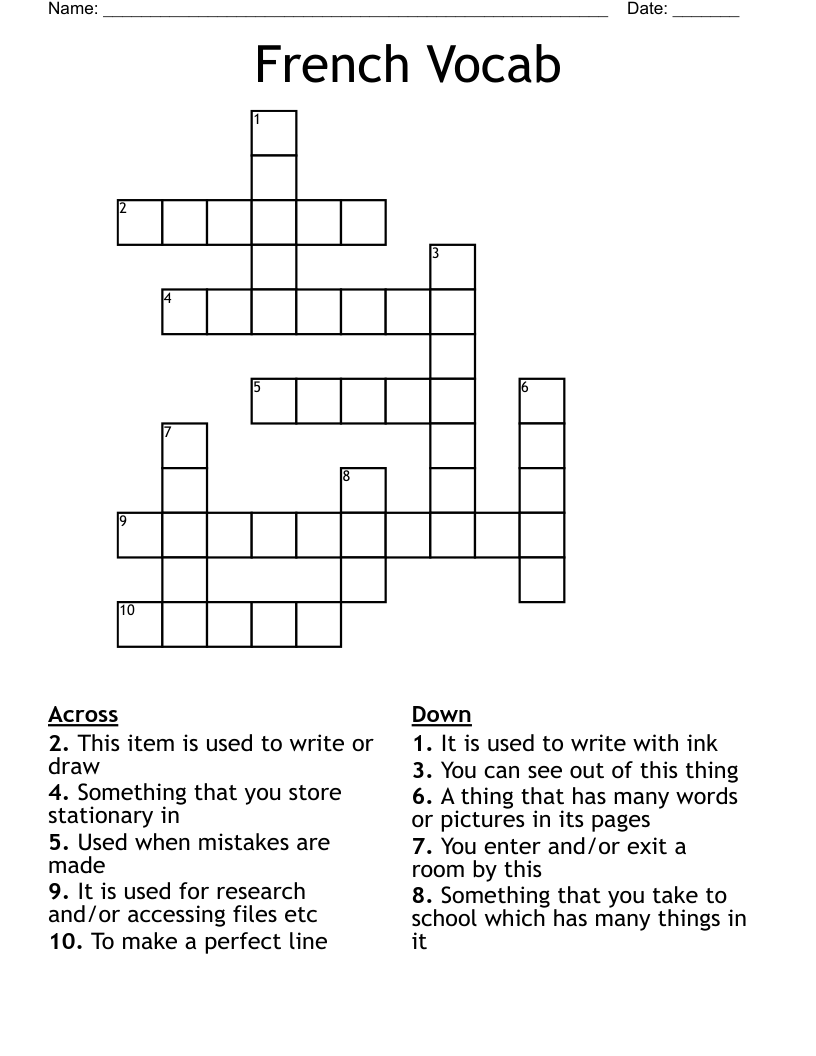 French Vocab Crossword
