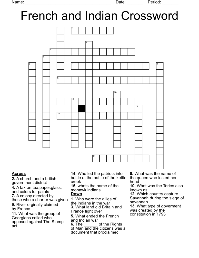 French and Indian Crossword - WordMint