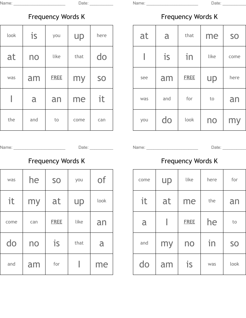 Frequency Words K Bingo Cards WordMint