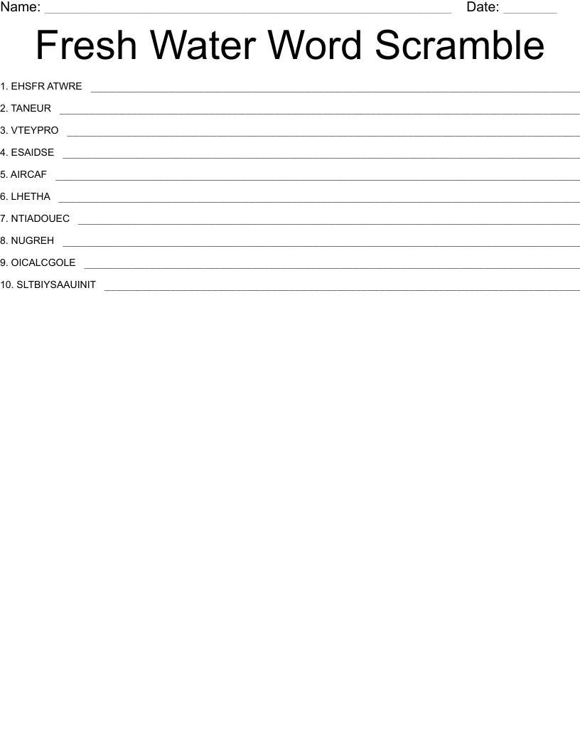 Fresh Water Word Scramble 