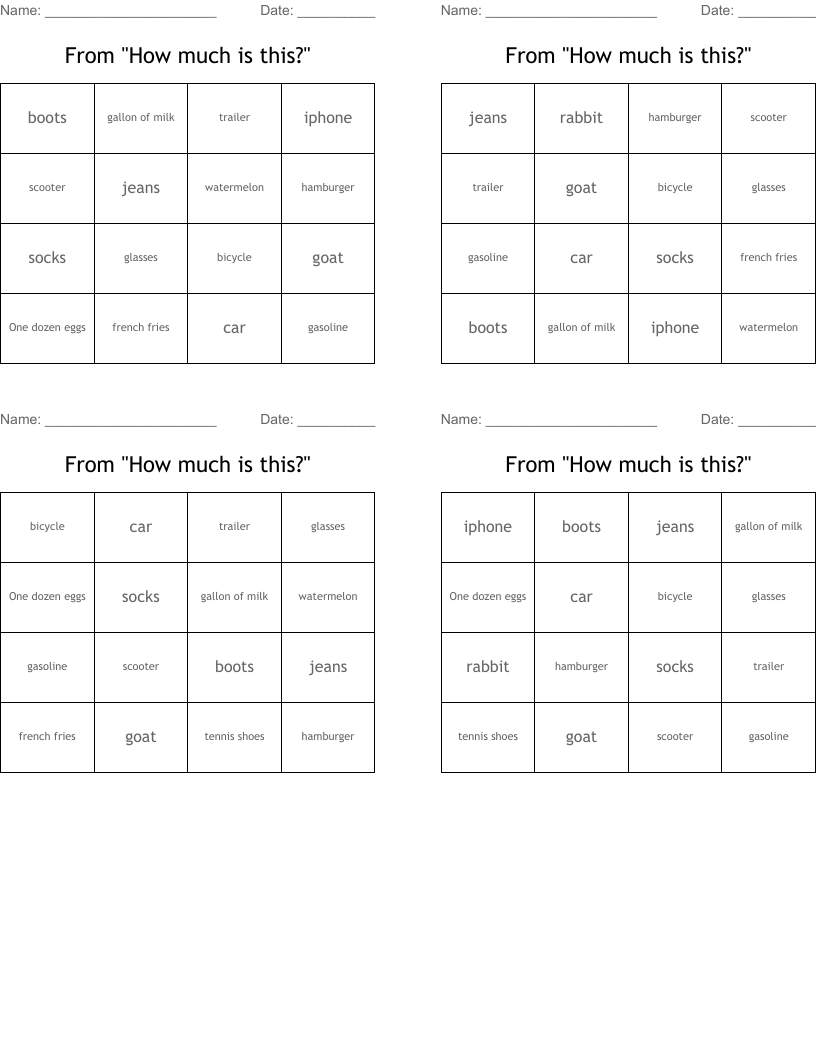 From "How much is this?" Bingo Cards