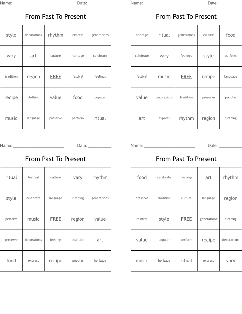 From Past To Present Bingo Cards