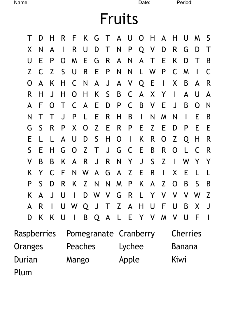 Fruits Word Search