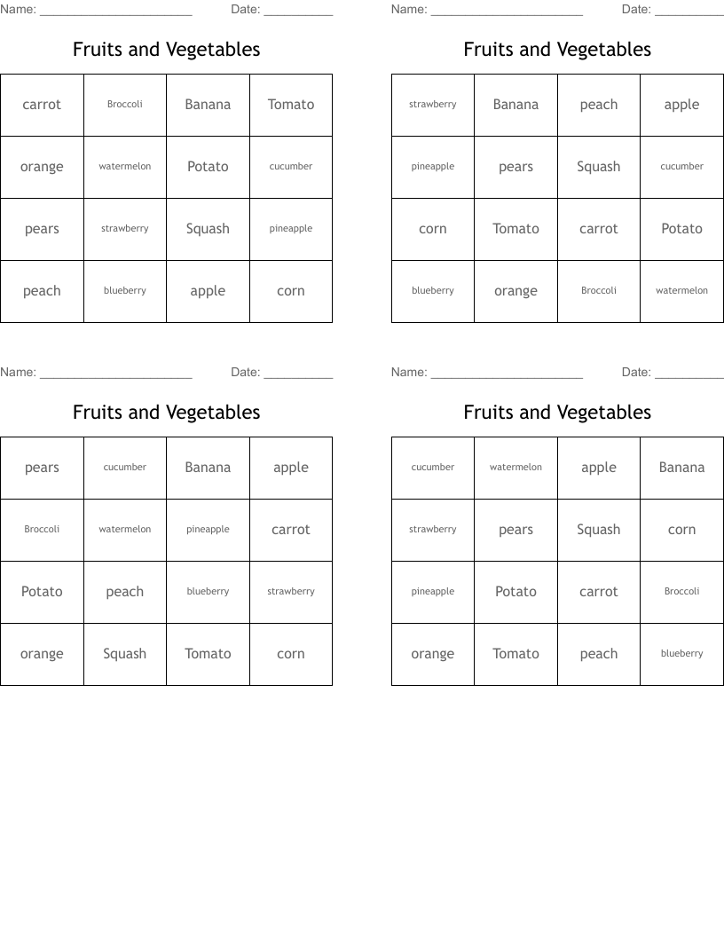 Fruits and Vegetables Bingo Cards WordMint