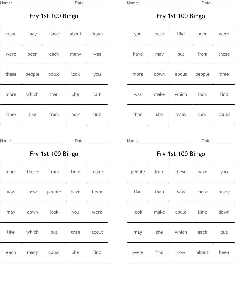 Fry 1st 100 Bingo