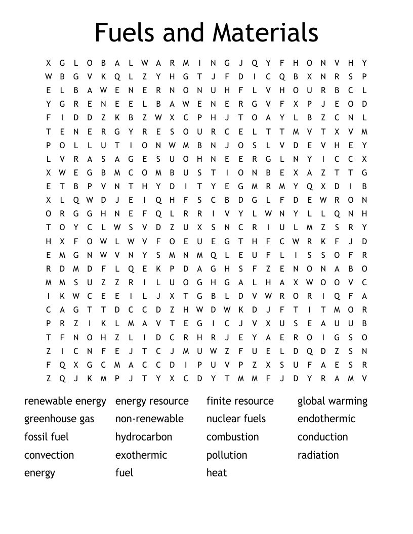 Fuels and Materials Word Search