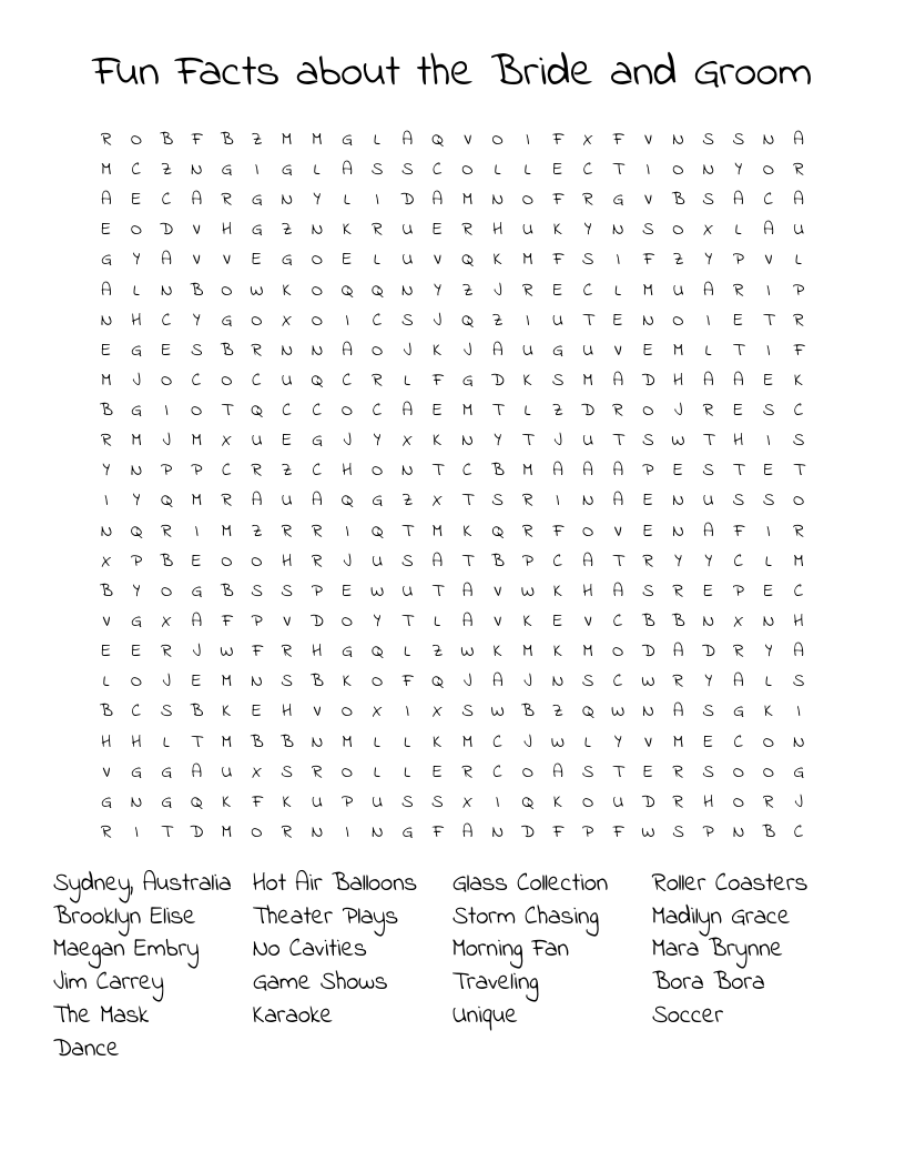 Fun Facts about the Bride and Groom Word Search