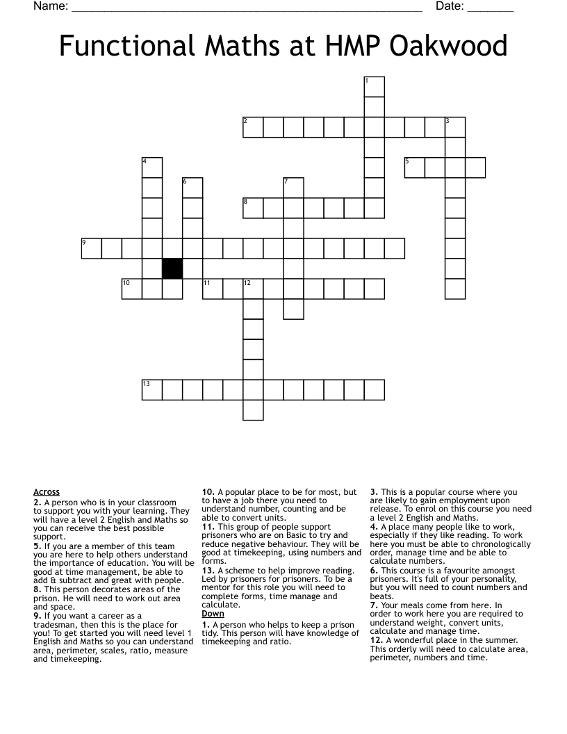Functional Maths at HMP Oakwood Crossword