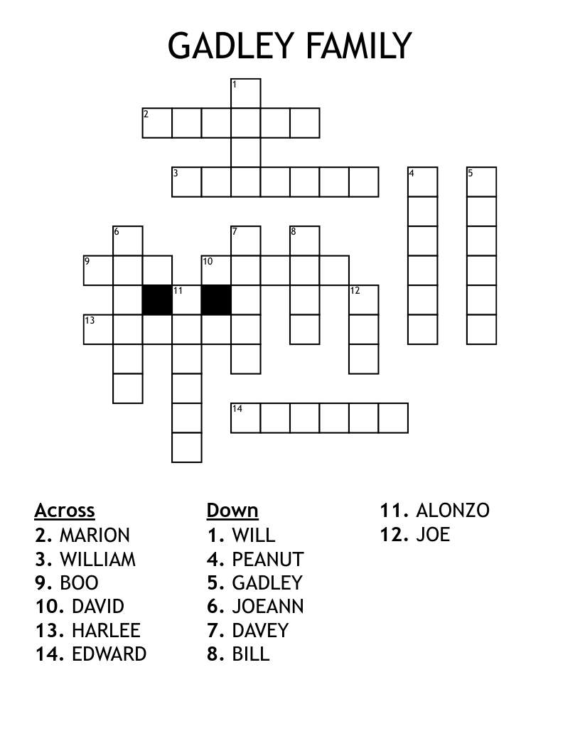 GADLEY FAMILY Crossword