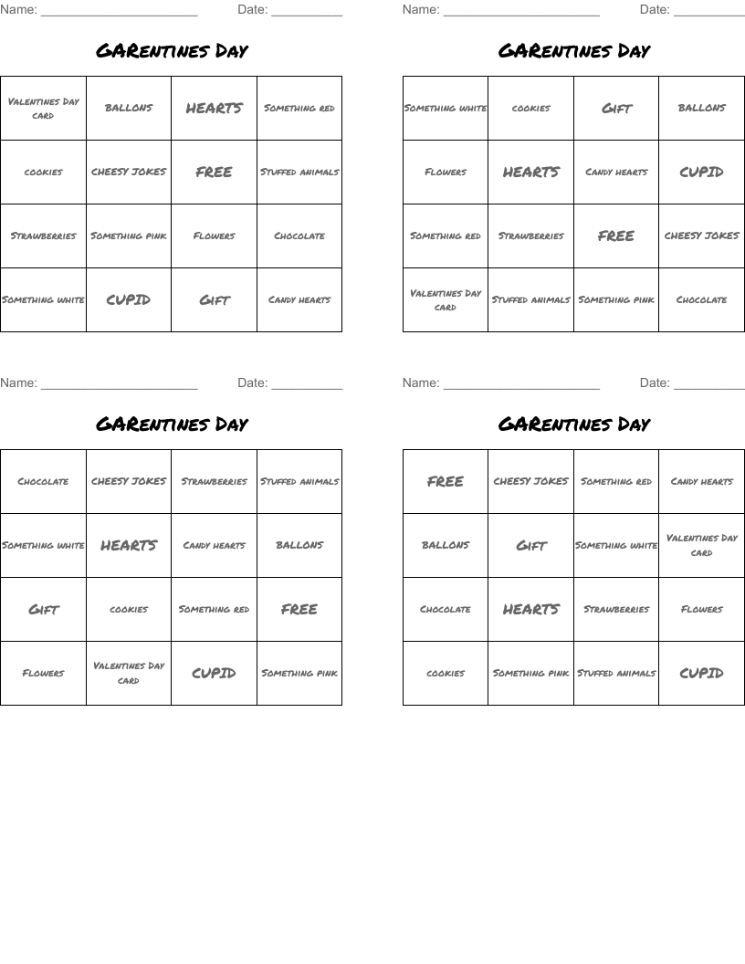 GARentines Day Bingo Cards