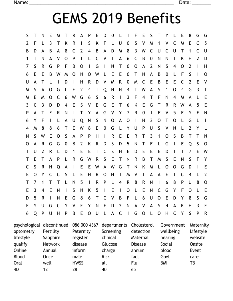 GEMS 2019 Benefits Word Search