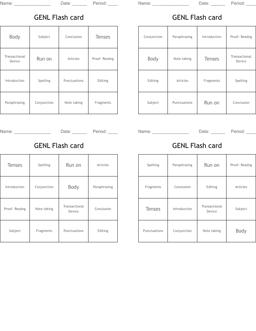 GENL Flash card Bingo Cards - WordMint