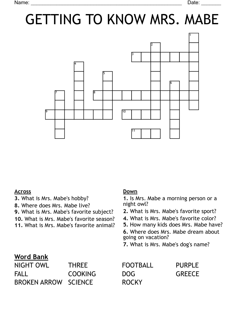 GETTING TO KNOW MRS. MABE Crossword