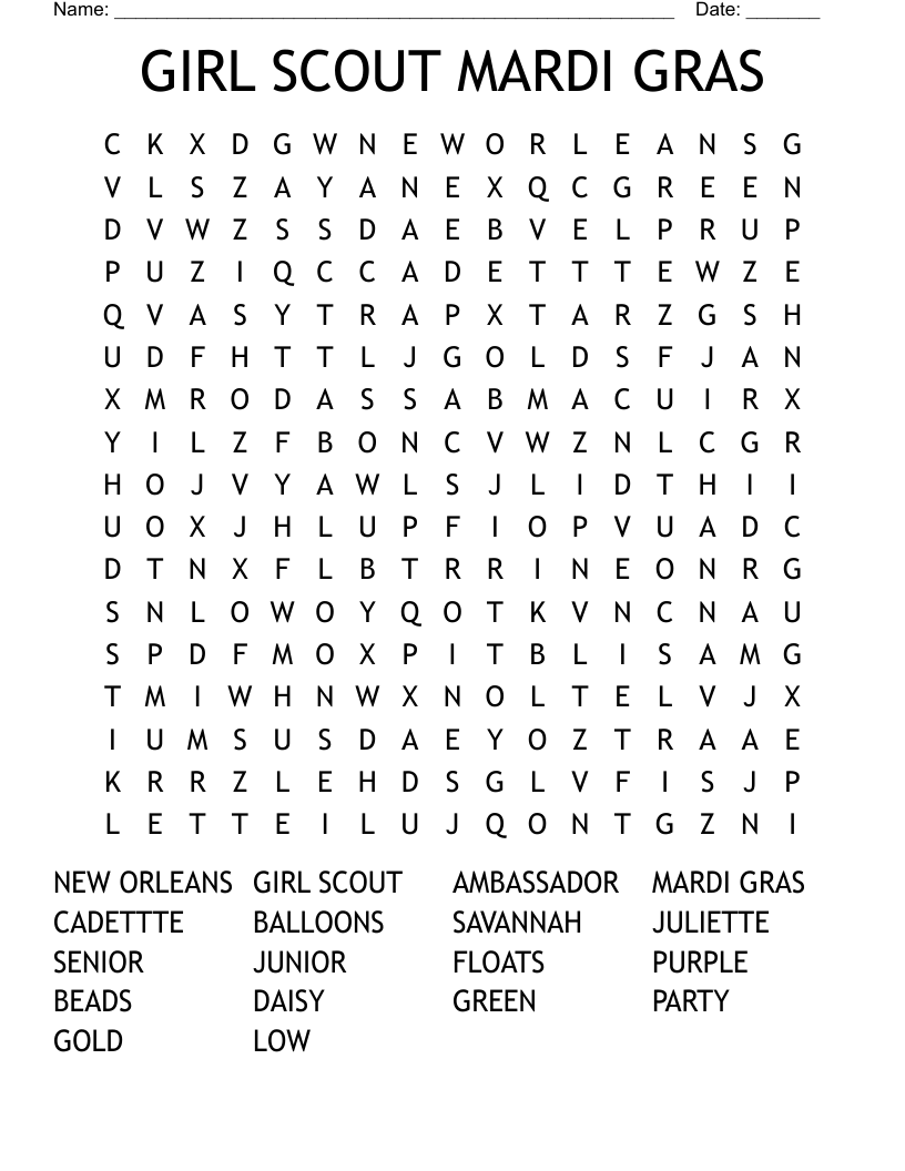 GIRL SCOUT MARDI GRAS Word Search WordMint