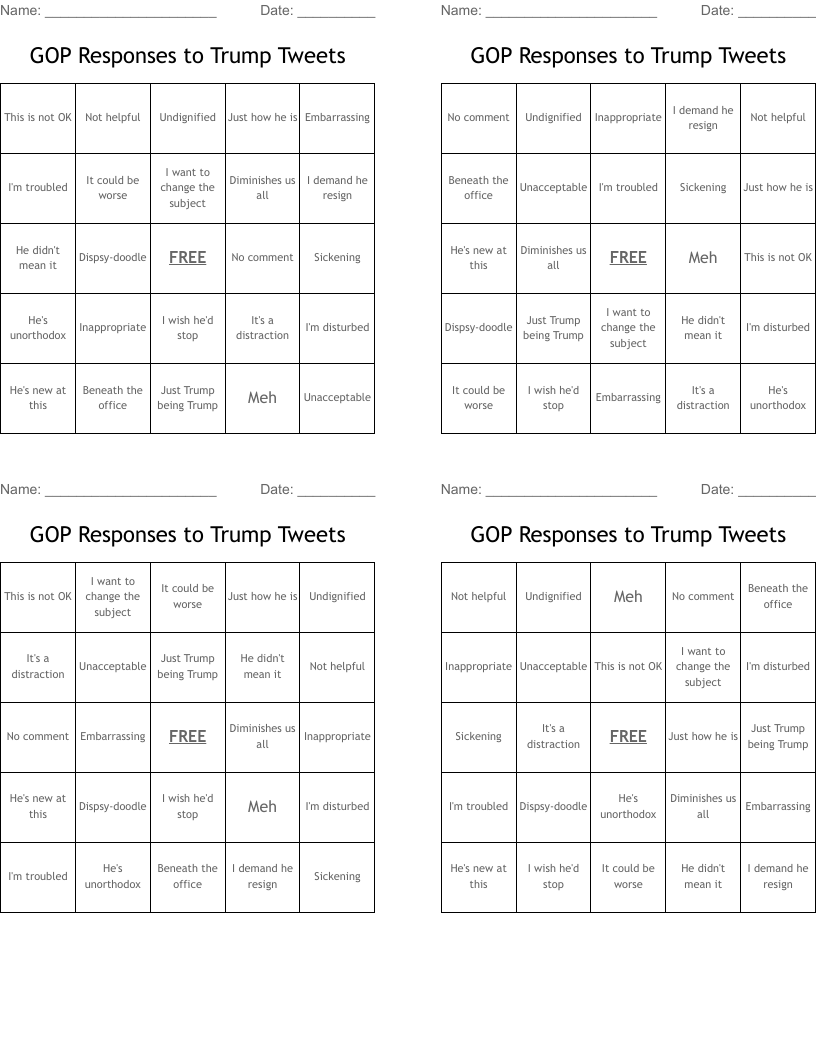 GOP Responses to Trump Tweets Bingo Cards