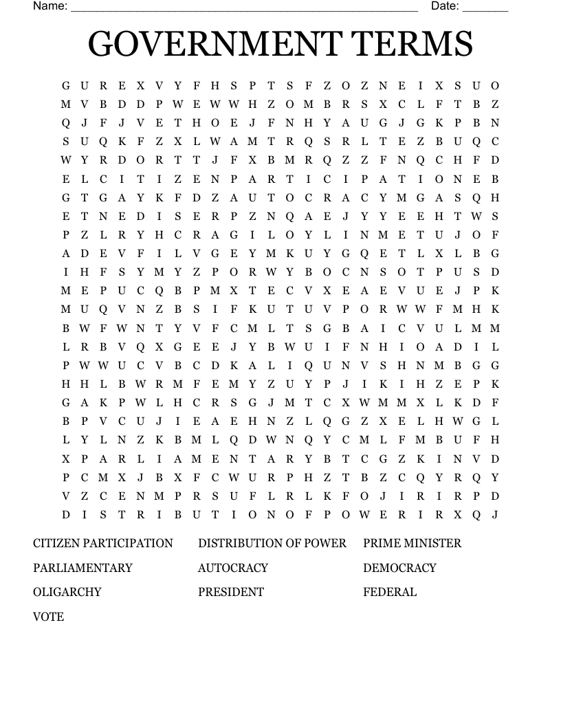 GOVERNMENT TERMS Word Search WordMint