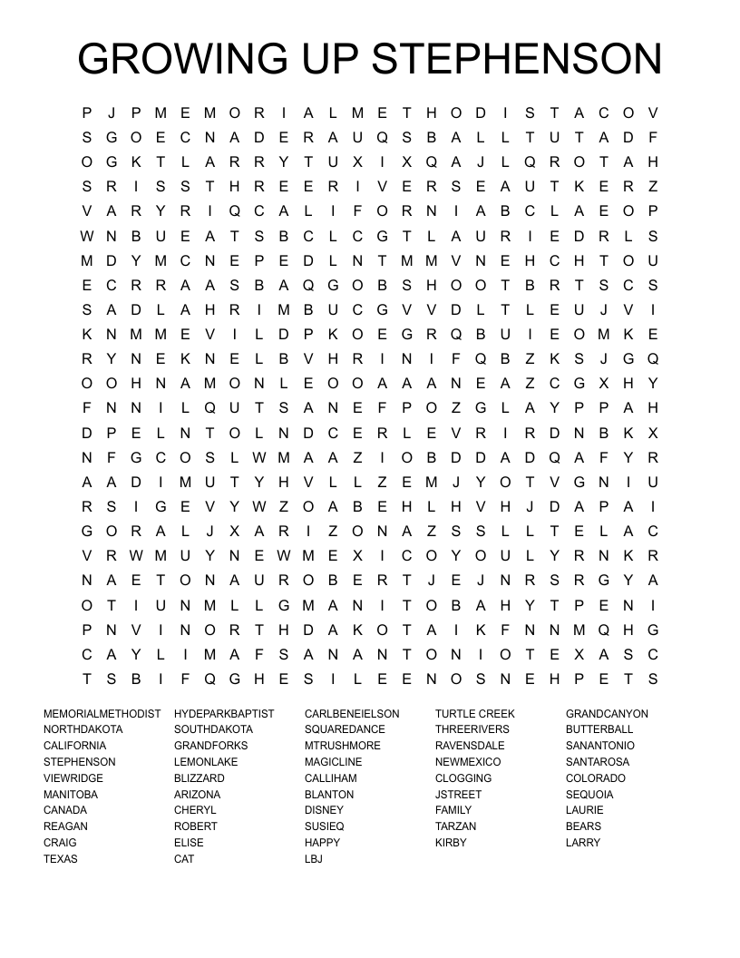 GROWING UP STEPHENSON Word Search
