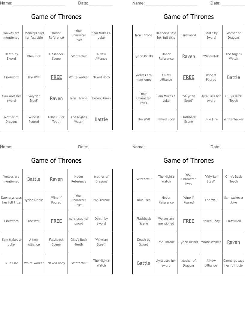 Game of Thrones Bingo Cards