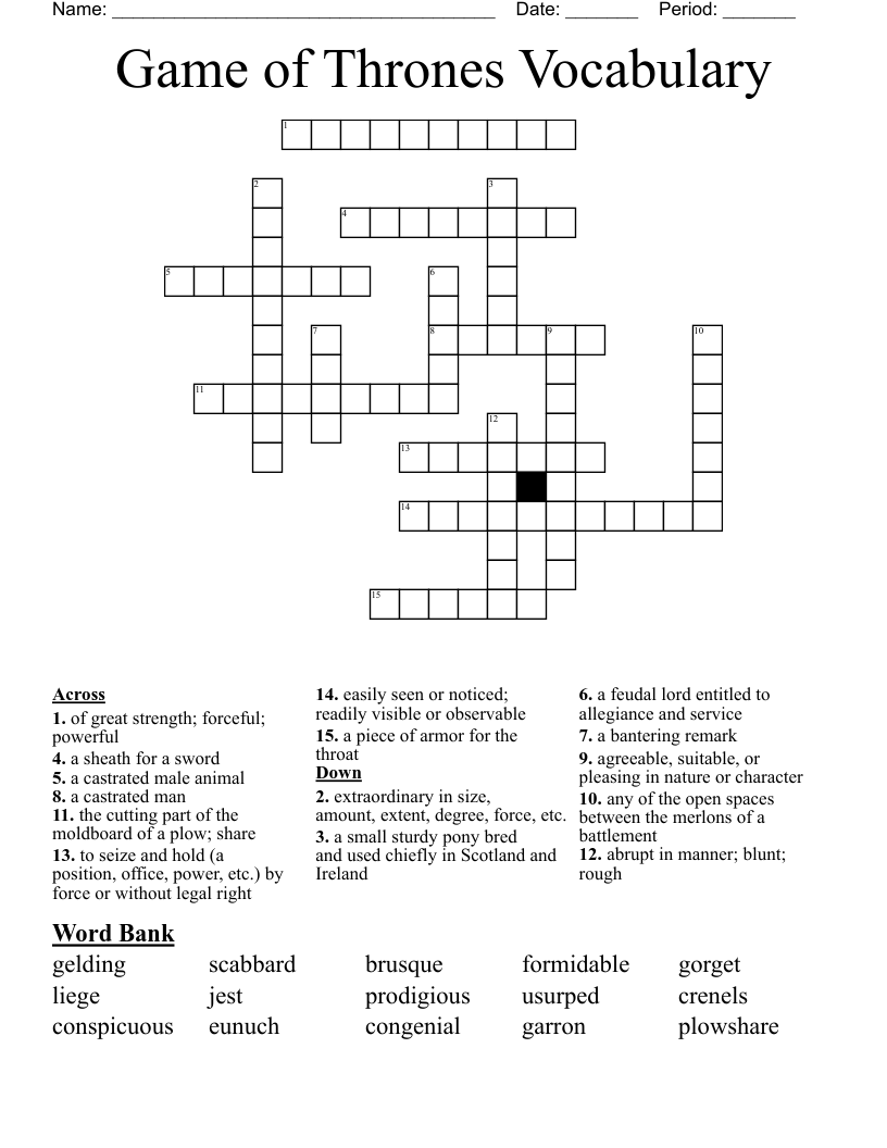 Game Of Thrones Vocabulary Crossword WordMint