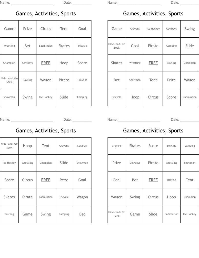 Games, Activities, Sports  Bingo Cards