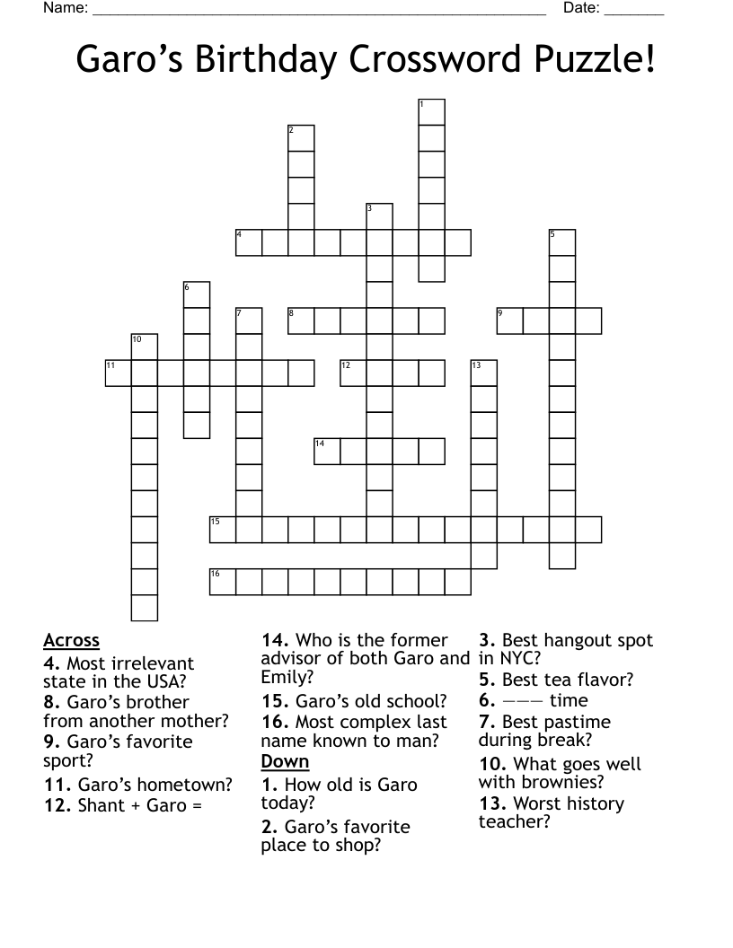 Garo’s Birthday Crossword Puzzle!