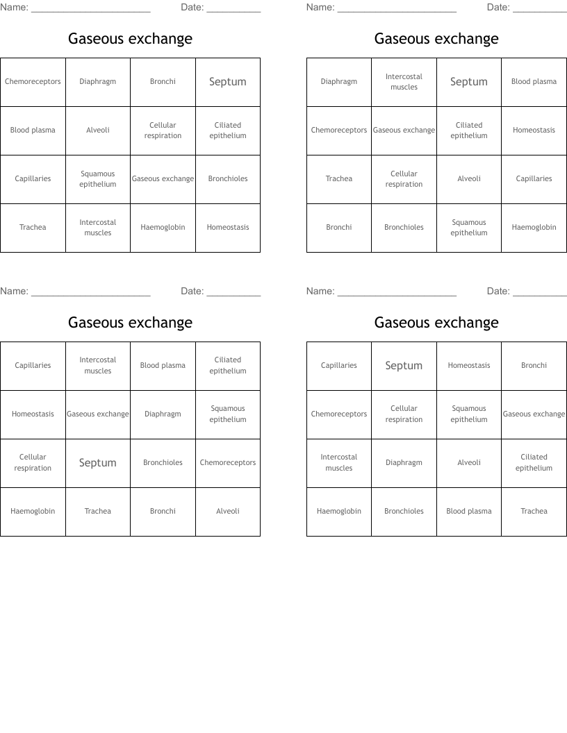 Gaseous exchange Bingo Cards